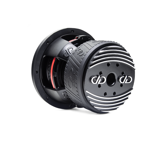 600f Series Subwoofers photo angled back right to show heatsink motor boot part of basket image